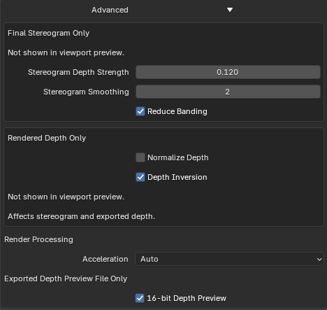 Advanced controls grouped into final stereogram, rendered depth, and processing settings