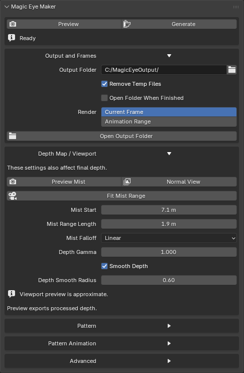 Magic Eye Maker panel with Preview, Generate, output, and depth controls