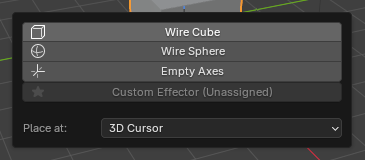 Effector popup with Wire Cube, Wire Sphere, Empty Axes, custom effector, and placement controls