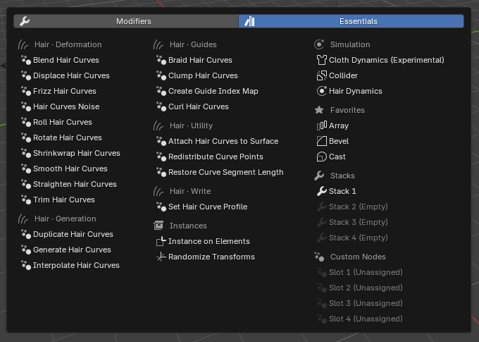 Old Modifier Menu showing Hair, Instances, and Simulation assets on the Essentials page