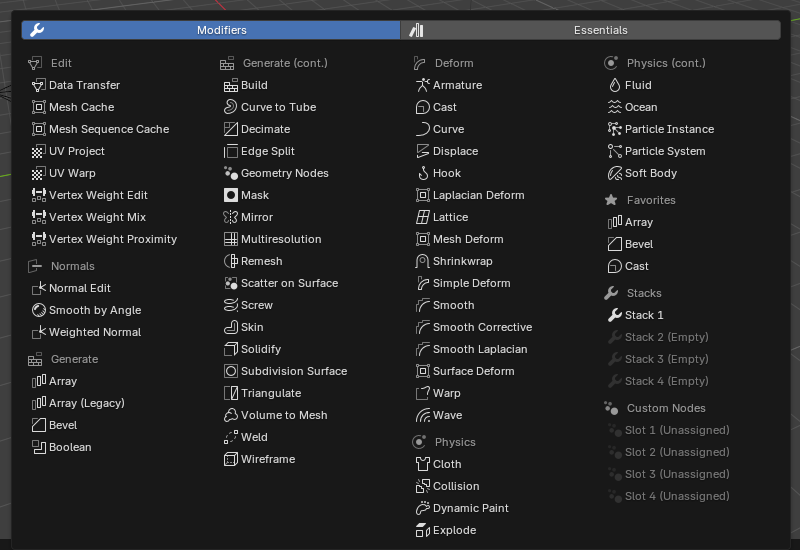Old Modifier Menu showing organized modifier categories, Favorites, Stacks, and Custom Nodes
