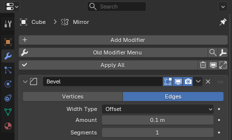 Old Modifier Menu controls in Modifier Properties with a Bevel modifier below