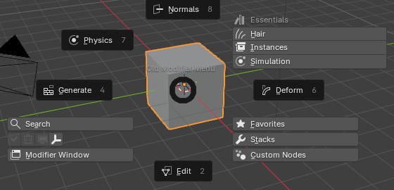 Old Modifier Menu pie menu with modifier categories, Search, Favorites, Stacks, and Essentials