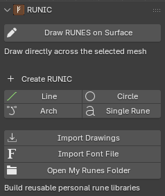 RUNIC creation panel with surface drawing, path presets, and library import controls