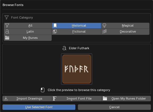 RUNIC font browser showing font categories and a preview card