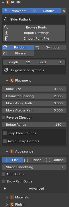 RUNIC controls for text, placement, appearance, materials, and finishing