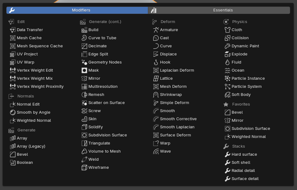 Current Old Modifier Menu with organised modifier categories, example Favorites and four user-configured Stacks