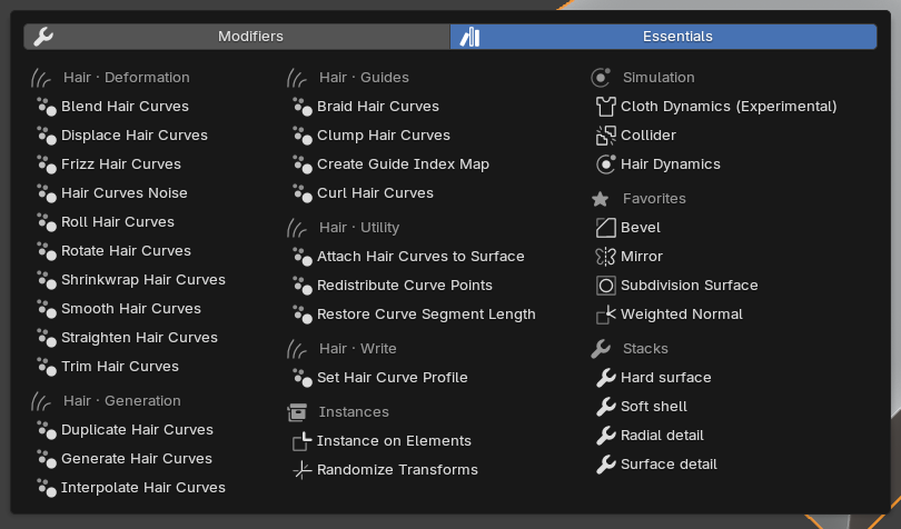 Old Modifier Menu Essentials page with Hair, Instances and Simulation categories