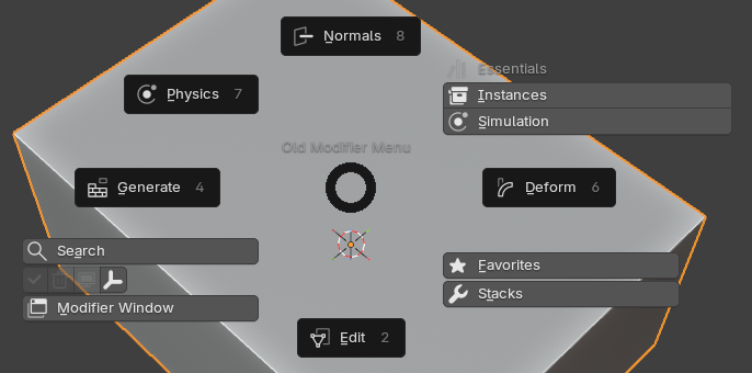 Native Old Modifier Menu pie menu shown over a simple model