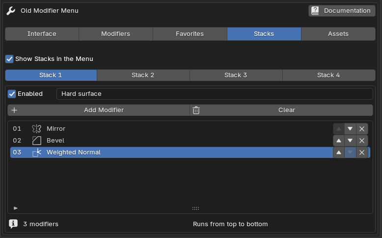 Four user-configured Stack slots, with Mirror, Bevel and Weighted Normal listed in order